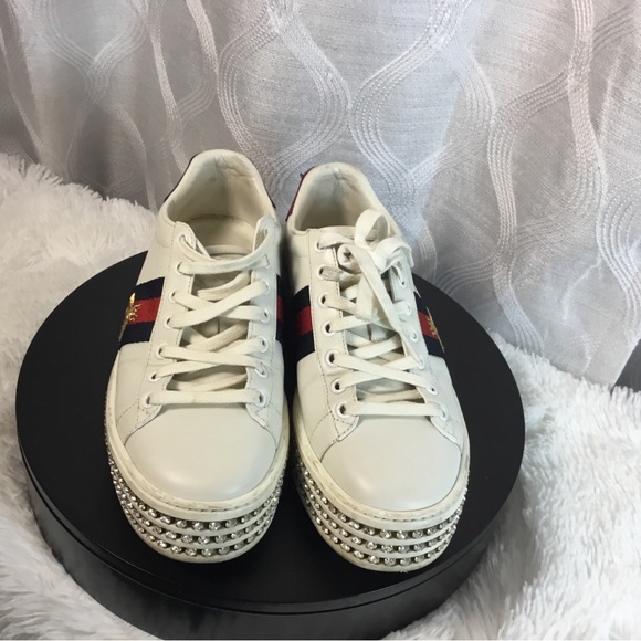 Gucci Shoes - Gucci White Leather Sneakers with Red & Blue Heel Tabs